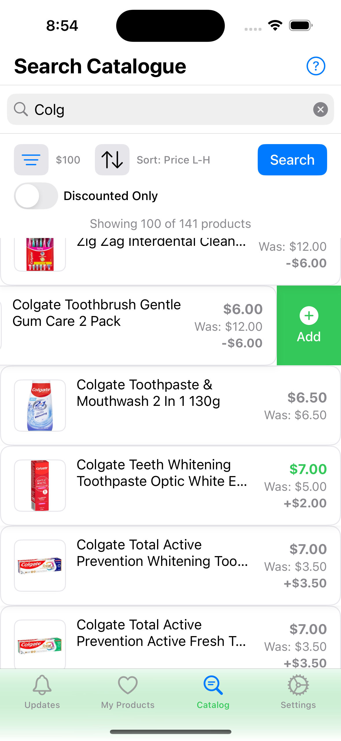 Swipe left in search results to add product