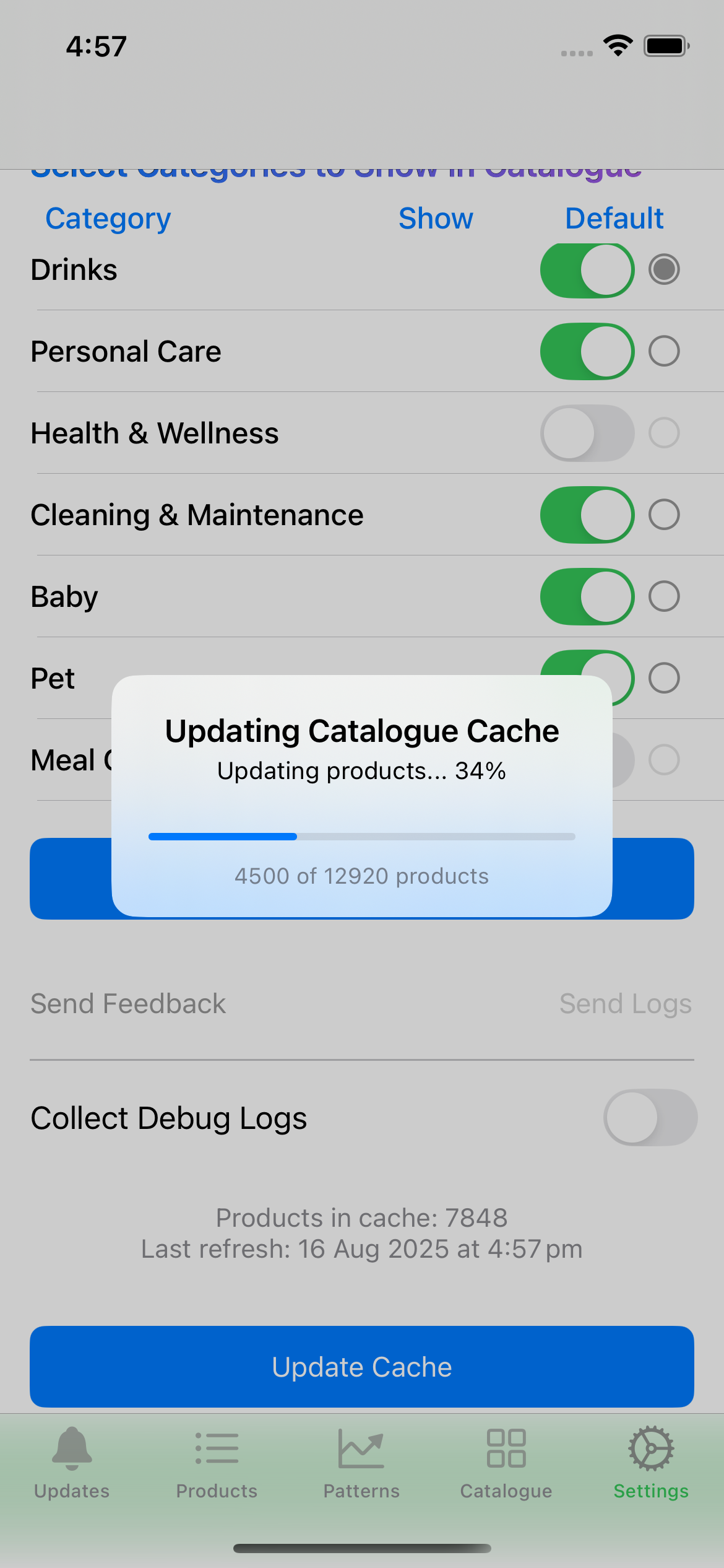 Catalog update screen