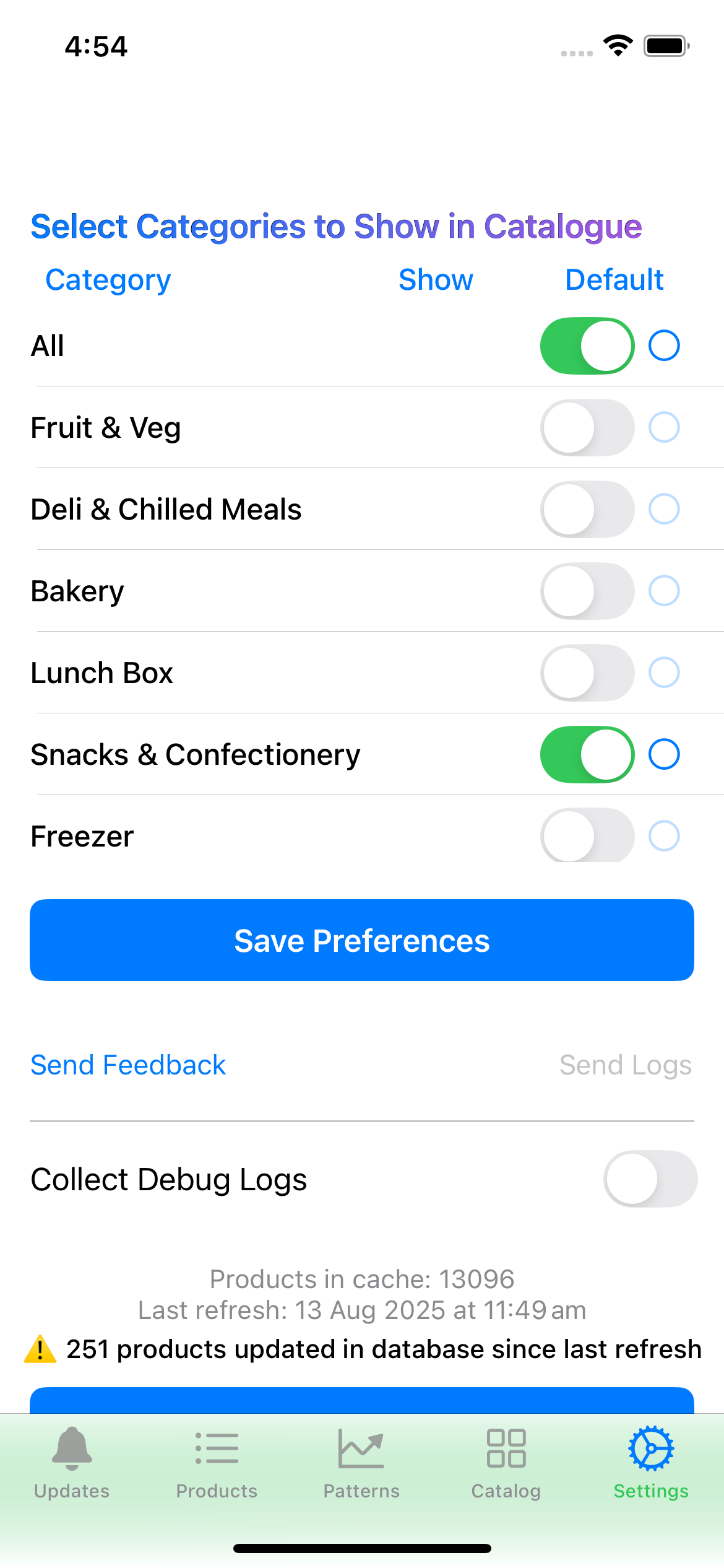 Category selection screen